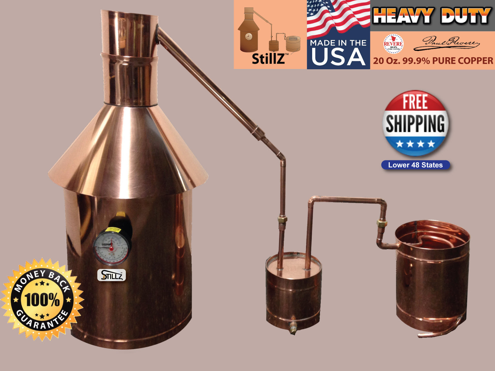 10 Gallon Copper Moonshine Still with Thumper and Worm